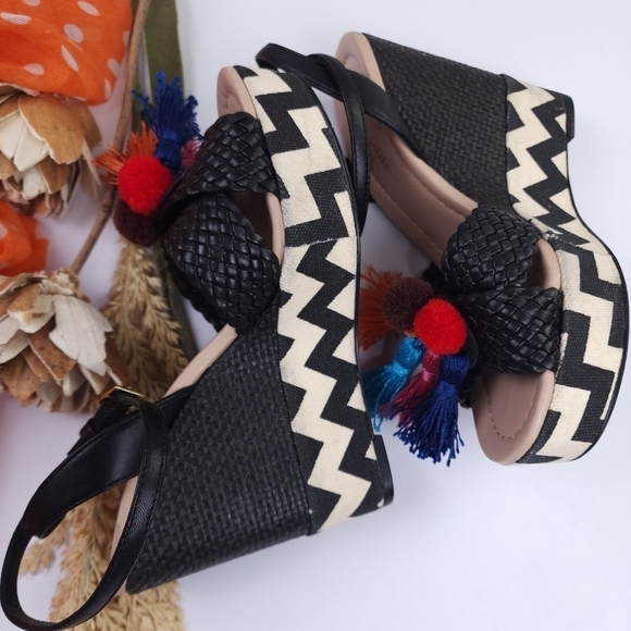 Kate Spade Black Woven Platform Sandal Wedges with Tassels Sz 6m - Picture 5 of 14